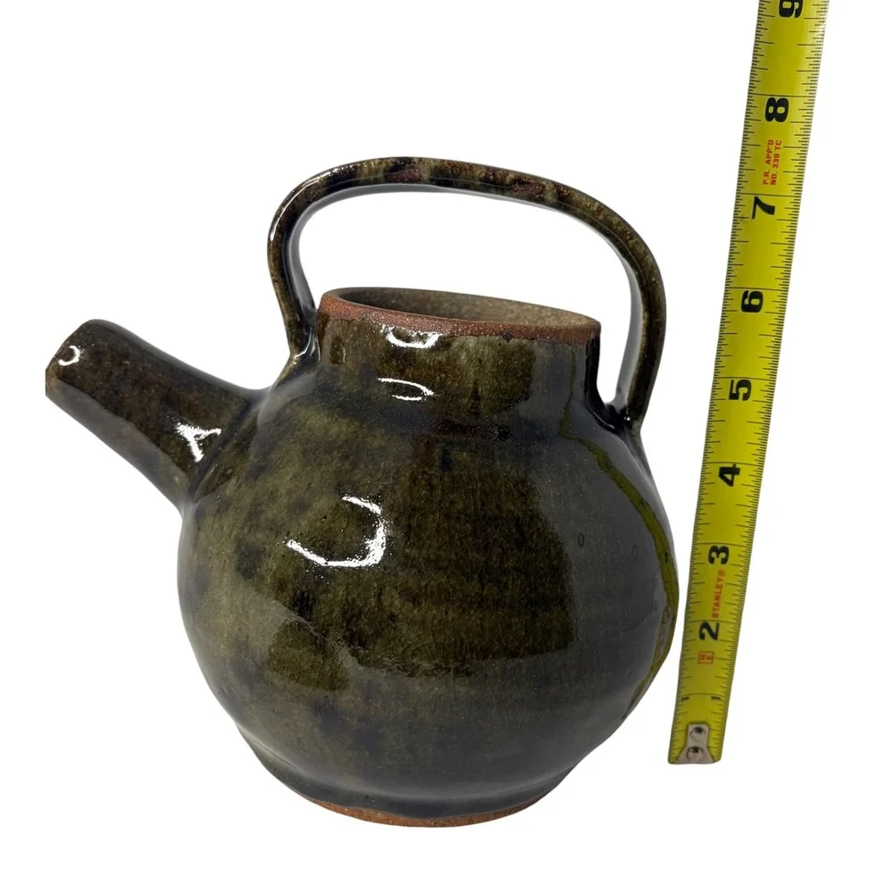 Vintage Signed Studio Pottery Stoneware Teapot Olive Green Mingei Style USA